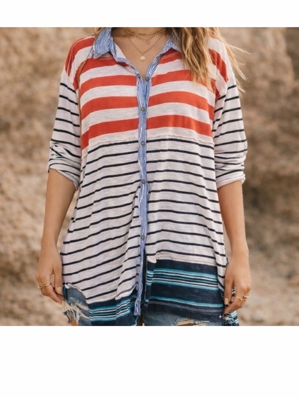 We The Free Mixed-Stripe Button-Down Shirt in Orange, Red, Navy, White and Blue